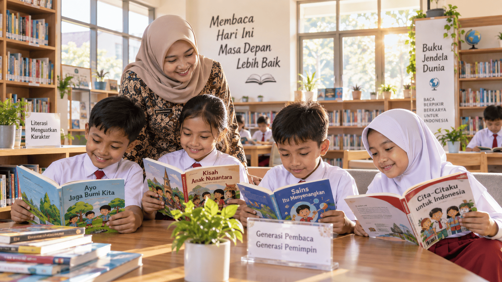 Siswa sekolah dasar membaca buku di perpustakaan sekolah
