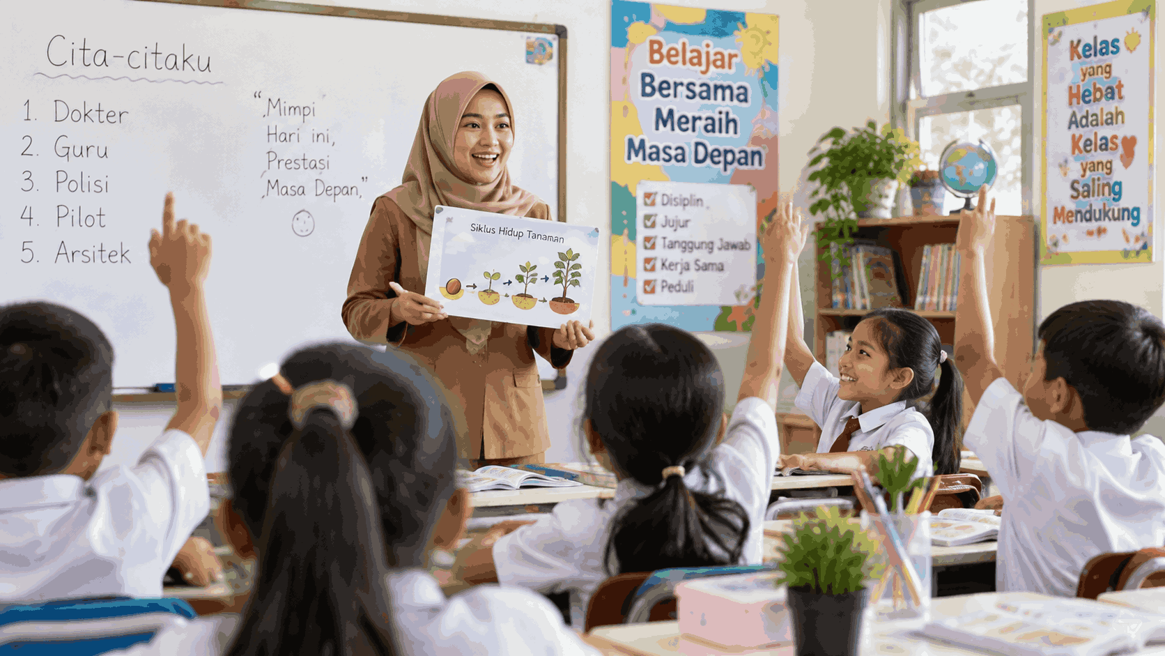 Guru mengajar siswa sekolah dasar dengan metode pembelajaran interaktif